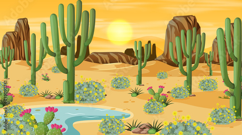 Desert forest landscape at sunset time scene with oasis