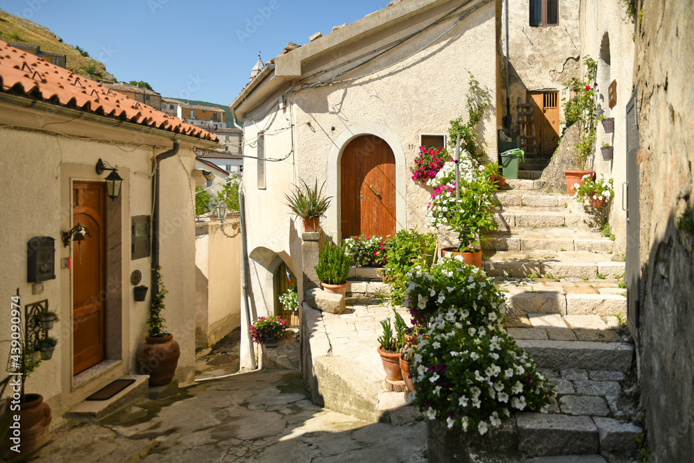 San Fele, Italy, June 12, 2021. A narrow street among the old houses of a medieval village in the Basilicata region.