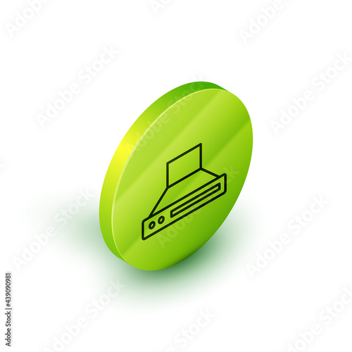 Isometric line Kitchen extractor fan icon isolated on white background. Cooker hood. Kitchen exhaust. Household appliance. Green circle button. Vector