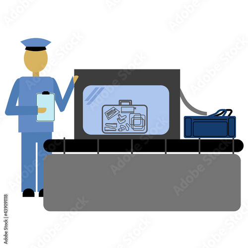 Baggage customs check, Baggage tape and scanner for checking, Customs screening with an employee