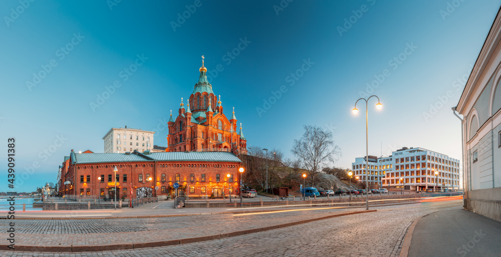 Fototapeta premium Helsinki, Finland. Uspenski Cathedral In Evening Illuminations Lights. Eastern Orthodox Cathedral Dedicated To Dormition Of The Theotokos - Virgin Mary