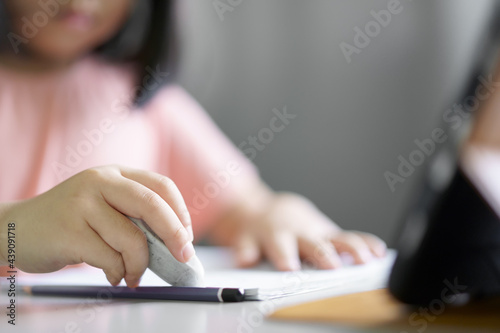 Quadro em tela closeup hand of child student back to school or kid girl write or draw and using