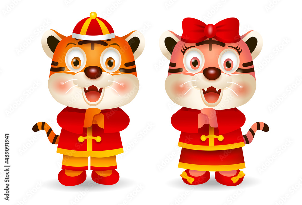 Fototapeta premium 2022 Chinese New Year, Cute cartoon tigers in Chinese costume greeting. Vector