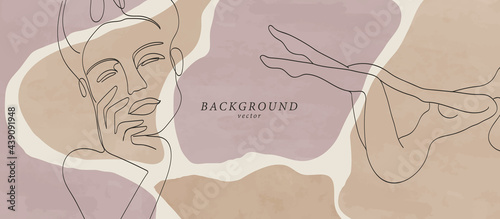 Abstract background art with woman beauty face or naked body. Earth tones colors wall art decor. Soft color painting boho style background. Minimalistic background design. Vector illustration.