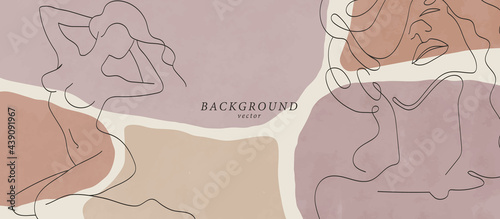 Abstract background art with woman beauty face or naked body. Earth tones colors wall art decor. Soft color painting boho style background. Minimalistic background design. Vector illustration.
