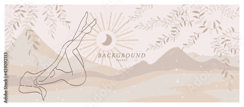 Abstract background art with nude woman in nature landscape. Background design in beige, ivory, champagne colors. Soft color painting decor. Minimalistic background design. Vector illustration.