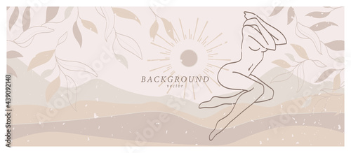Abstract background art with nude woman in nature landscape. Background design in beige, ivory, champagne colors. Soft color painting decor. Minimalistic background design. Vector illustration.
