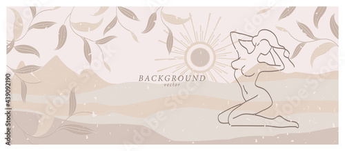 Abstract background art with nude woman in nature landscape. Background design in beige, ivory, champagne colors. Soft color painting decor. Minimalistic background design. Vector illustration.