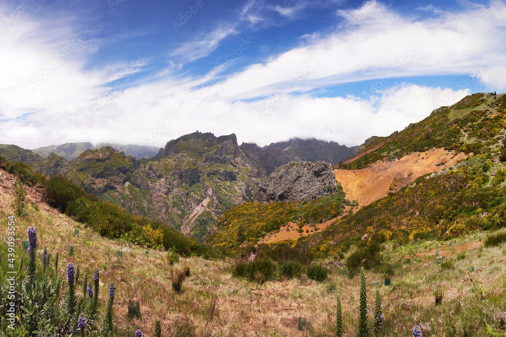 Panorama of mountains in Madeira island, Portugal, Europe. Beautiful destination for travel and hiking.