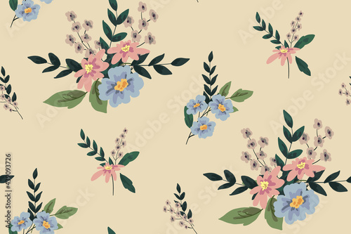 Delicate floral print with wedding motifs. Seamless pattern with small bouquets of simple hand-drawn flowers and various leaves. Vector illustration.