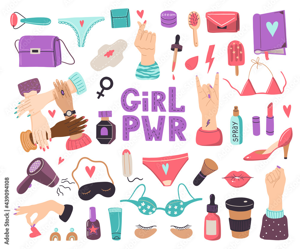 Vector feminism concept set. Girl power collection with different items, hand gestures, cosmetics and girls stuff . Woman elements for prints, stiskers, decoration, design. Vector feminism concept set. Girl power collection with different items, hand gestures, cosmetics and girls stuff . Woman elements for prints, stiskers, decoration, design.