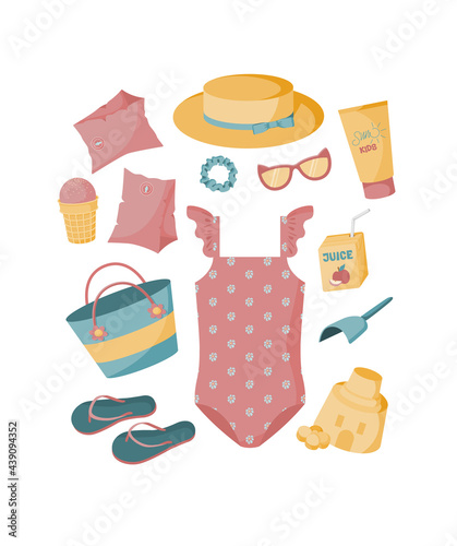 A set of items for a beach holiday for a little girl, baby. Summer items. Swimsuit, sunglasses, bag, juice, sunscreen, flip flops, ice cream, spatula, hat, swimming armbands, scrunchy, sand castle