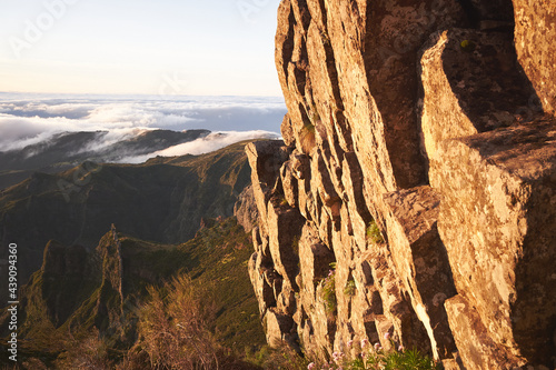 Sunrise over beautiful rock formation in Pico do Arieiro mountain, Madeira island, Portugal. Stunning landscape view.