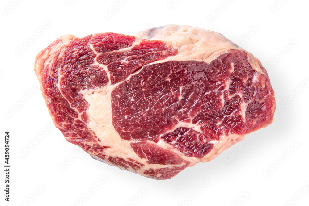 Raw fresh marinated ribeye steak isolated on white background