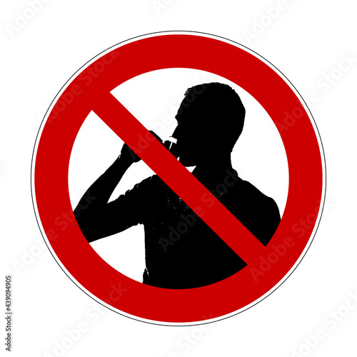 No drinking sign. Vector illustration of red crossed out circle prohibition sign with realistic young man drinking coffee. Ban on caffeinated drinks. No drink symbol isolated on background.