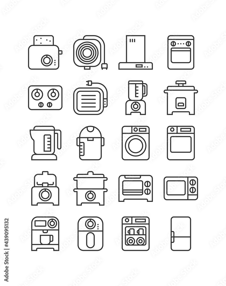 Kitchen electric appliance icon set. Air fryer, oven, grill, fruit blender, steamer pot, coffee maker, dishwasher, and more. Vector illustration, outline style, editable stroke, pixel perfect 64x64. 