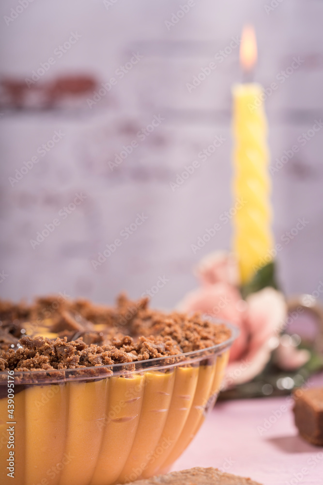 Close-up of a lucuma mousse with chocolate brownies