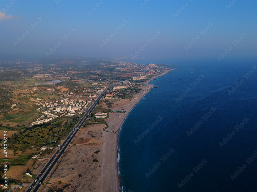 Beaches and hotels between Alanya and Manavgat in Turkey. Drone shot from the sky