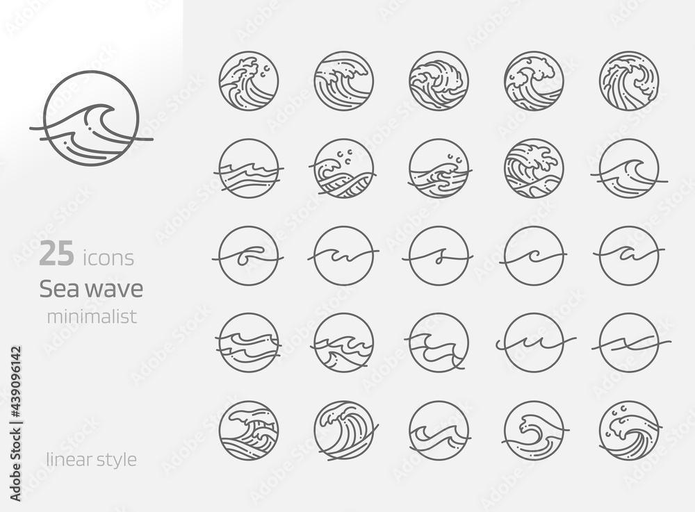 Sea wave line art minimalist vector illustration. Ocean round icon and symbol and creativity alphabet line water design concept.
