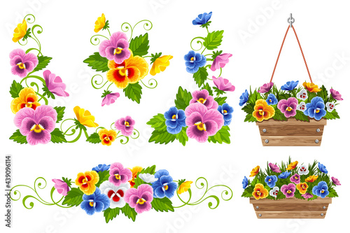 Decorations set with pansy. Colorful pansy with leaves in the wooden flower pot, standing and hanging. Cute vignette, ornament, corner decor. Vector illustration.