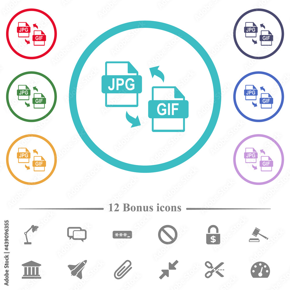 JPG GIF file conversion flat color icons in circle shape outlines JPG GIF file conversion flat color icons in circle shape outlines