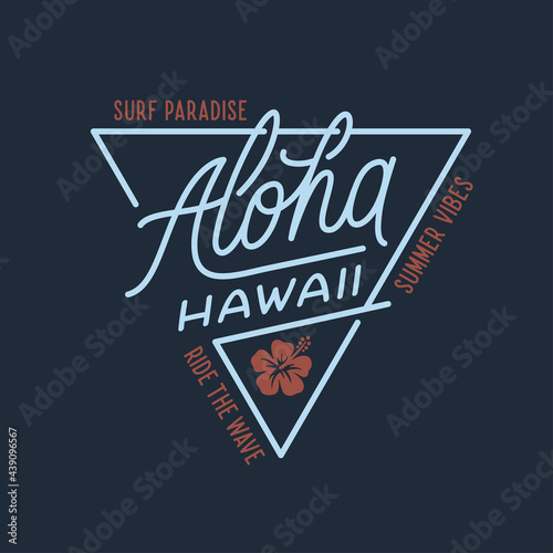Aloha hawaii floral t-shirt print. Surf paradise, pacific ocean typography. Surfing related apparel design. Vector vintage illustration.