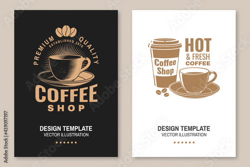 Coffe shop logo, badge template. Vector. Flyer, brochure, banner, poster with coffee cup silhouette. Template for menu for restaurant, cafe, bar, packaging