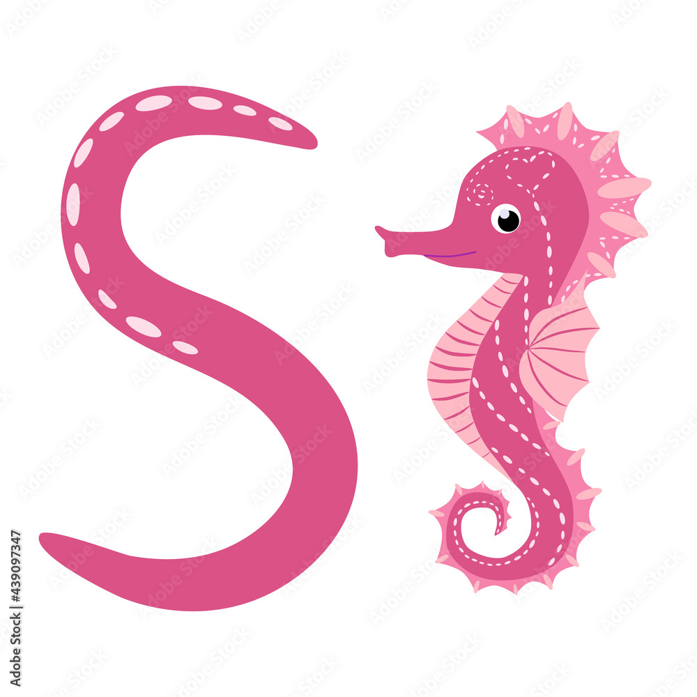 Sea horse. S letter. Cute children animal alphabet. Funny cartoon animals Sea horse. S letter. Cute children animal alphabet. Funny cartoon animals