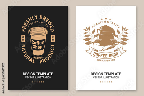 Set of Coffe shop logo, badge template Vector Flyer, brochure, banner, poster design with paper coffee cup and bag with coffee beans silhouette. Template for menu for restaurant, cafe, bar, packaging