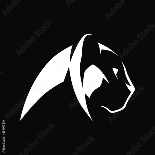 Black panther side view portrait white symbol on black backdrop. Design element