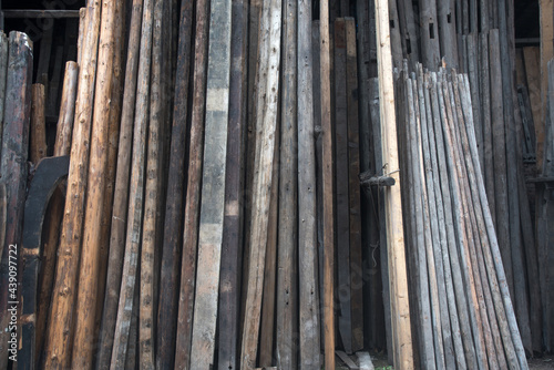 A pile of old wooden blocks material background