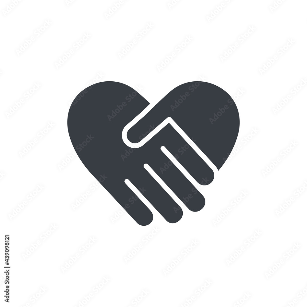 Handshake black silhouette icon. Heart shape. Love and charity pictogram. Arms together. Lovely teamwork. Vector illustration isolated on white background Handshake black silhouette icon. Heart shape. Love and charity pictogram. Arms together. Lovely teamwork. Vector illustration isolated on white background