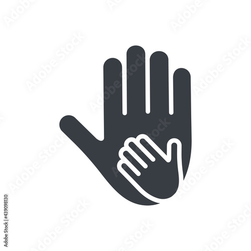 Adult and child hand black icon. Vector isolated on white. Parent and baby arms silhouette. World Father Day. Charity symbol. 