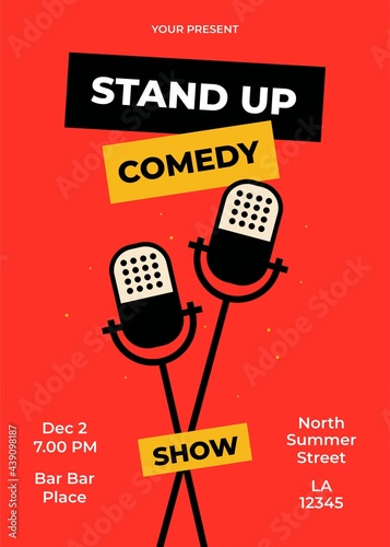 Stand Up Comedy poster design with place for your text. Vector illustration open stage mic event. Stand up comedy show flat style flyer, poster, background, banner