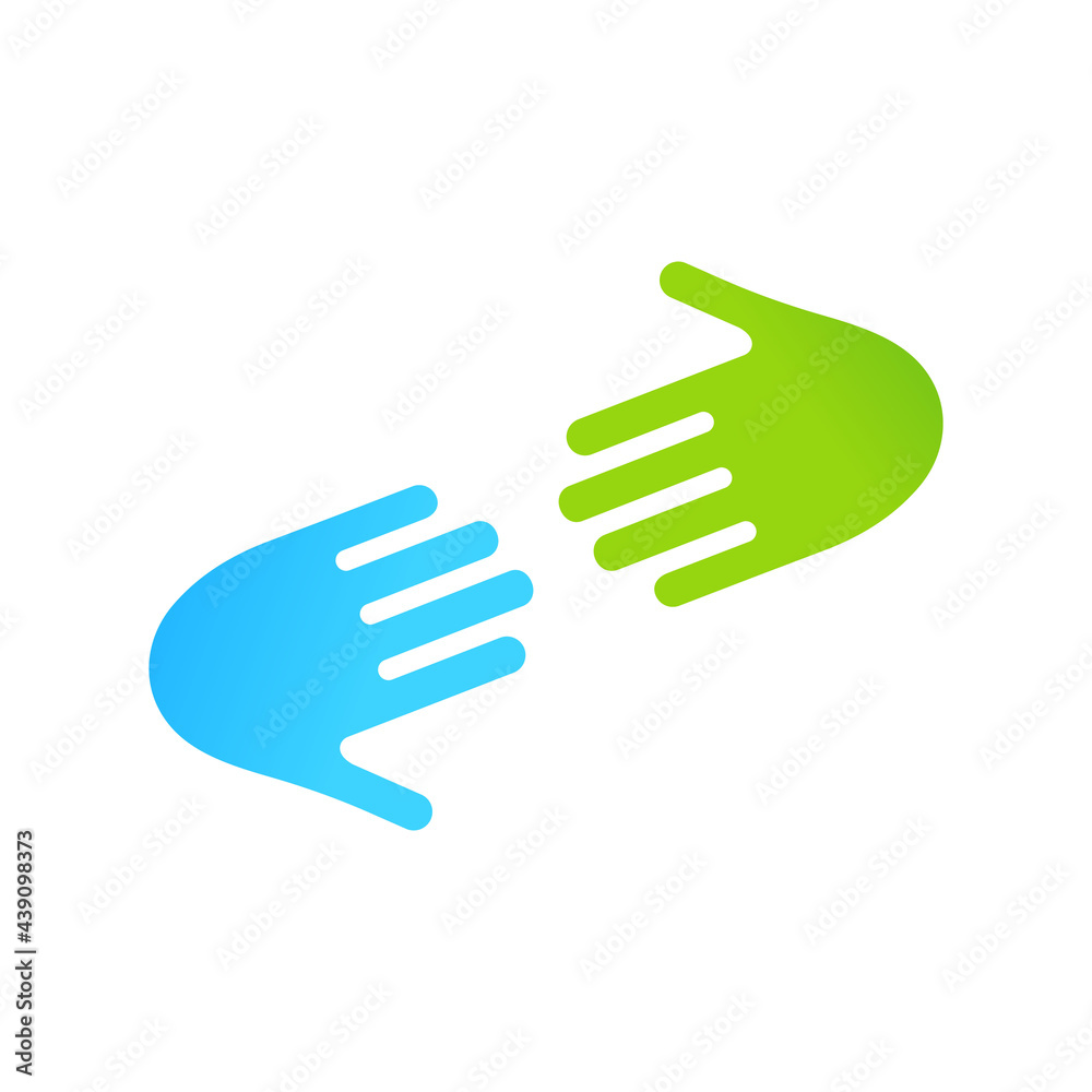Two arms. Hands symbolizing team or teamwork. Flat blue and green illustration for business, inclusion and medicine. Assistance, hope and help concept. Vector illustration isolated on white Two arms. Hands symbolizing team or teamwork. Flat blue and green illustration for business, inclusion and medicine. Assistance, hope and help concept. Vector illustration isolated on white