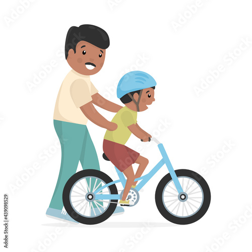 Father teaching son to ride bike. Caring African dad help his little child riding bicycle. Small happy American boy on his first blue bike. Vector family illustration isolated on white.