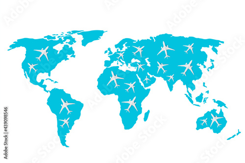 World map with toy airplanes on white background