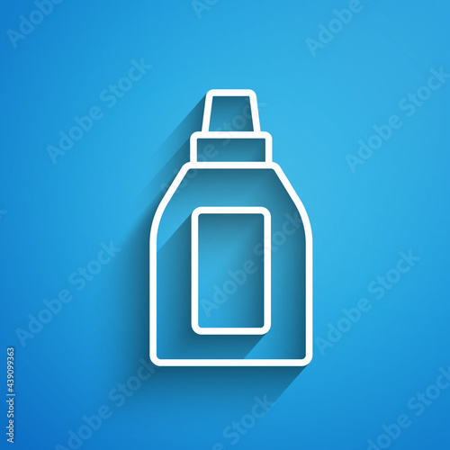 White line Plastic bottle for laundry detergent, bleach, dishwashing liquid or another cleaning agent icon isolated on blue background. Long shadow. Vector