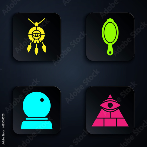 Set Masons, Dream catcher with feathers, Magic ball and Magic hand mirror. Black square button. Vector