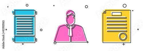 Set Decree, paper, parchment, scroll, Lawyer, attorney, jurist and The arrest warrant icon. Vector