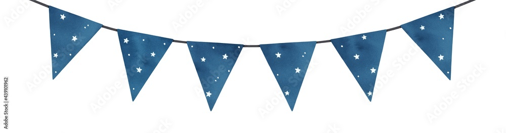 Navy blue triangular flags buntings decorated with stars. Hand painted  watercolour graphic drawing on white, cutout clip art element for design,  greeting card, poster, print, special event invitation. ilustración de  Stock