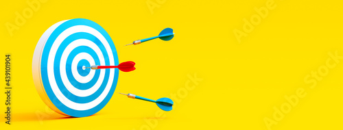 Red dart finding the target. Business solution concept on yellow background 3D Rendering, 3D Illustration photo