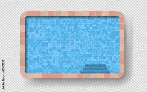 Pool with a realistic texture of water, with tiles and steps on a transparent background.