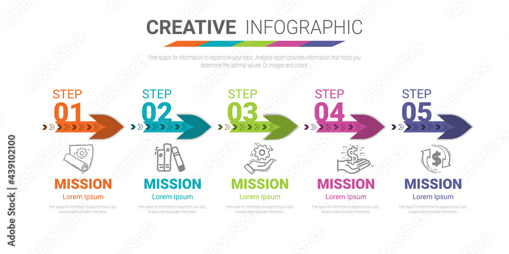 Naklejka premium Timeline infographic template with 5 options, vector infographics design and Presentation business can be used for workflow layout, steps or processes.