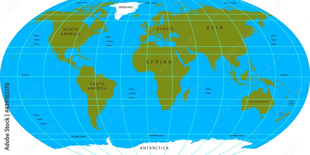 Vector map of the world. Oceans and continents on a flat projection ...