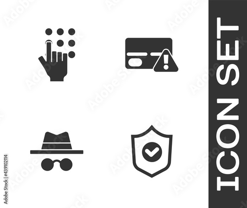 Set Shield with check mark, Password protection, Incognito mode and Credit card icon. Vector