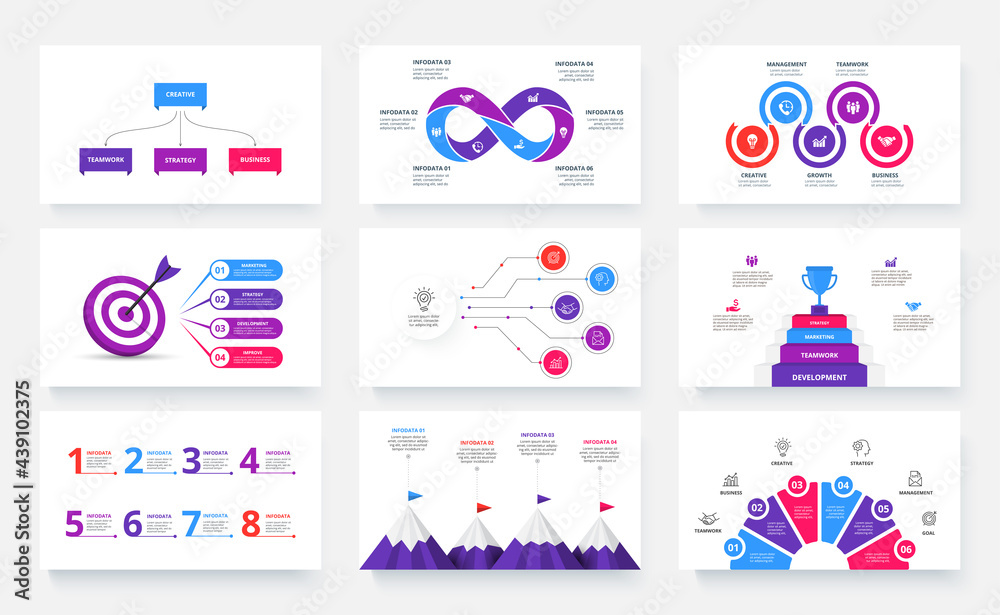 Set of infographic presentation slides. Target, stairs with gold cup,  infinity sign, mountains, flowchart and circle diagrams. Vector  illustration for business data visualization. Stock Vector | Adobe Stock