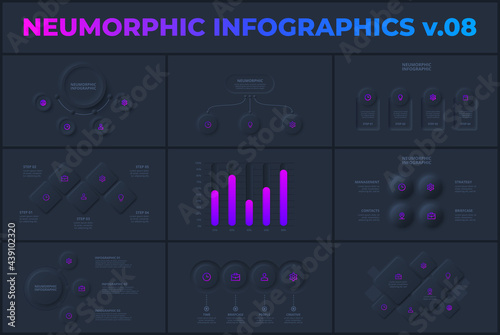 Neumorphic dark vector infographics. Presentation slide template in neumorphism style. Flowcharts and diagrams for annual report