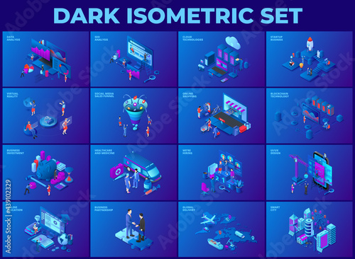 Dark isometric presentation slide templates with characters. 3d illustrations with characters for landing page. Business, social media, medicine, blockchain and educations themes