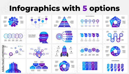 Large set of 5 options infographics for presentations and data visualization. Pyramid, timeline, rocket, arrows, circle digrams and other business templates